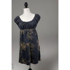Max Studio‎ Dress M Peasant Linen Blend Black Empire Waist Ruched Off Shoulder